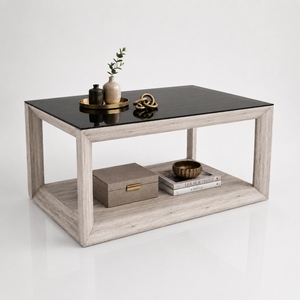 Table basse rectangulaire moderne en verre noir avec finition imitation bois et étagère de rangement ouverte - Product Image 1
