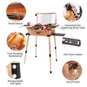 Valise de maquillage avec lumières intégrées, 3 couleurs de lumière, roulettes, ouverture en aluminium, organiseur de cosmétiques de voyage sur roulettes - Product Image 5