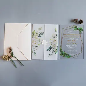 Carte d'invitation de mariage d'anniversaire de fête en acrylique transparent de style américain personnalisé avec enveloppe et enveloppe en papier givré