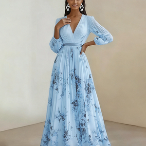 Abito Lungo Elegante <span class=keywords><strong>con</strong></span> Stampa per Donna, Scollo a V Profondo, Maniche Lunghe, <span class=keywords><strong>Gonna</strong></span> <span class=keywords><strong>Plissettata</strong></span> a Trapezio, Vestito Casual <span class=keywords><strong>con</strong></span> Stampa, Spedizione Rapida - Product Image 4