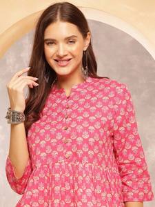 Top de algodón con cuello mandarín estampado con motivos étnicos para mujer - Product Image 2