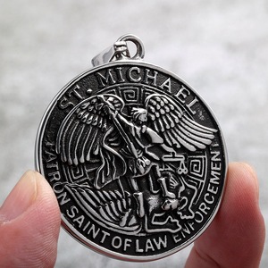 yunnique St Michael Patron Saint Of Law Enforcement Pendant Necklace Men Stainless Steel Round <b>Angel</b> Wings Design <b>Gift</b> Jewelry - Product Image 4