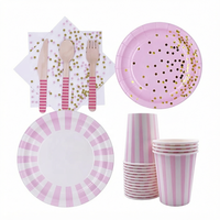 Ensemble de vaisselle jetable rose or avec confettis, assiettes en papier, gobelets, serviettes et couverts pour anniversaire, mariage, événement