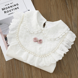 Maglietta bianca da bambina top abbigliamento primaverile maglietta a maniche lunghe in pizzo con colletto alla coreana per bambini maglietta da bambina - Product Image 4