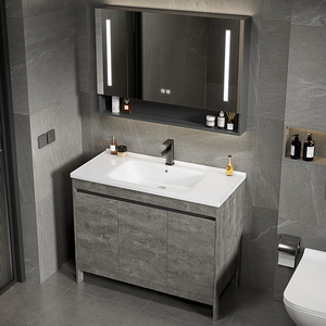 Meuble-lavabo <span class=keywords><strong>de</strong></span> salle <span class=keywords><strong>de</strong></span> bain <span class=keywords><strong>de</strong></span> luxe gris en aluminium, à poser au sol, avec vasque en céramique, double porte sans poignée, miroir intelligent LED anti-buée, pour <span class=keywords><strong>la</strong></span> maison - Product Image 5