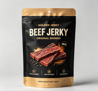 Sachets d'emballage thermoscellables verticaux pour viande séchée, avec fermeture éclair refermable dorée, absorbeur d'oxygène, individuels, en PE, faible MOQ