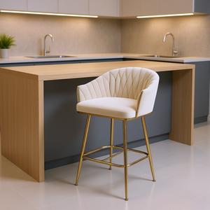 Tabouret de bar moderne en velours avec base chromée dorée, dossier ondulé beige, hauteur comptoir, pour îlot de cuisine - Product Image 2