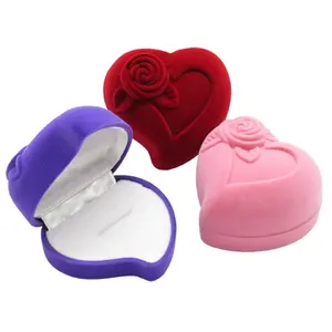 Porta joias de forma de coração, caixa de embalagem de joias personalizada de veludo com anel de rosa, de forma de coração