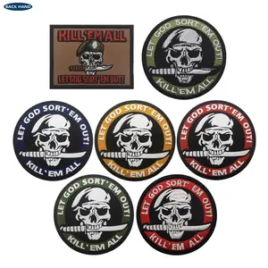 Kill'em All Let God Sort'em Out PVC Hook & Loop Backing Patch Kustom Tengkorak 3D untuk Ransel Taktis