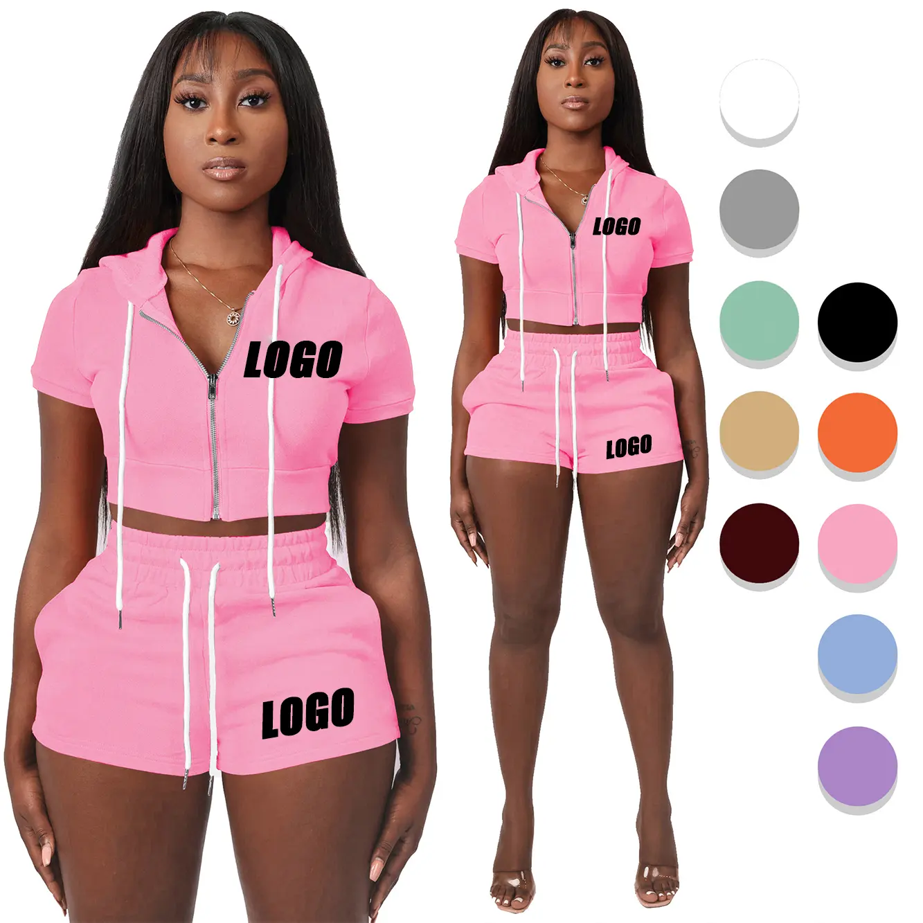 S44 Custom Logo Spring top selling products 2024 summer clothing sets Crop Top cropped hoodies 2 piece set for women's shorts