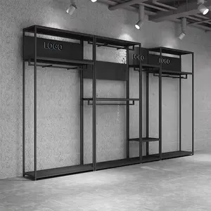 Men's Store Interior Design Custom Logo Metal Black Clothing Rack Men Suit Display Garment Stand Retail Clothes Display Rack