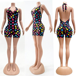 Mono corto de verano con cuello en V profundo y espalda descubierta para mujer, con estampado de lunares, tipo body para mujer - Product Image 2