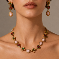 Parure de bijoux vintage plaqué or émail floral pour femme, collier cœur en strass, boucles d'oreilles pendantes, bracelet, cadeau de mariage et de fiançailles