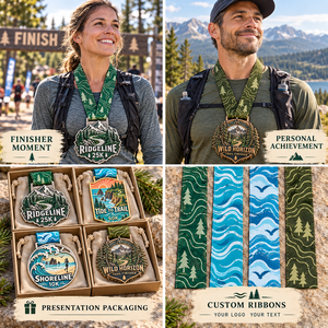 Médailles de finisseur personnalisées pour la course sur sentier et les courses côtières avec des motifs en relief montagne et océan et rubans imprimés personnalisés OEM - Product Image 3
