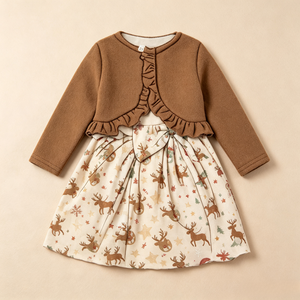 High-quality Custom-made Casual Cotton Christmas Pattern <strong>Children's</strong> Clothing-Girls' Long-sleeved Lace Coat and Dress Set - Product Image 3