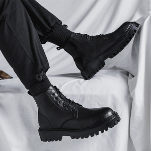 Bottes en cuir les plus vendues, bottes montantes pour hommes, style britannique printemps-automne, chaussures en cuir mi-montantes rétro, bottes noires rehaussantes - Product Image 3