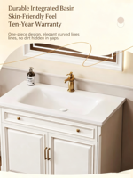 Meuble de salle de bain de luxe léger à la française, combinaison chêne et surface solide, vasque intégrée, lavabo sur pied
