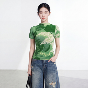 Women's Short Sleeve Loose Casual Fit Knitted Chiffon Pleated T-shirt Turtleneck Floral Print Eco-Friendly Vintage Breathable - Product Image 3