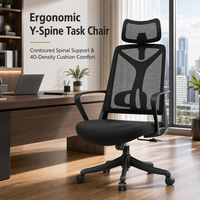 Chaise de bureau ergonomique à dossier haut en maille avec appui-tête 2D, support lombaire fixe et base araignée