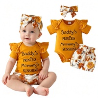 Ensemble de tenue 3 pièces pour bébé fille, barboteuse à manches courtes à volants, short à imprimé floral, bandeau, vêtements d'été pour nouveau-nés filles
