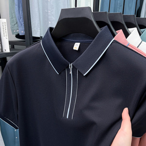 Di alta qualità in seta di ghiaccio <span class=keywords><strong>con</strong></span> risvolto in broccato ammoniaca <span class=keywords><strong>con</strong></span> <span class=keywords><strong>cerniera</strong></span> Polo da <span class=keywords><strong>uomo</strong></span> manica corta 2025 estiva nuova Polo Casual - Product Image 5