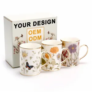 Fabriek Prijs Custom Porcelaine Cup Bulk Design Kerst Mok Set Bloemenlente Keramische Koffiemokken Bekers Met Geschenkdoos