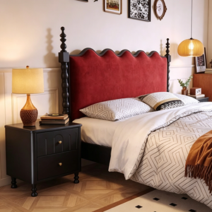 Premium Black Solid Wood Bed Frame French Vintage Wavy Red Velvet Upholstered Headboard Comfortable Bedroom Furniture Stable Hom - Product Image 2