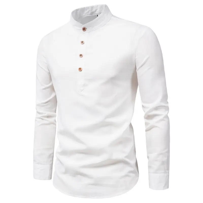 New men's autumn cotton and linen long sleeve shirt solid color fashion slim stand collar shirt