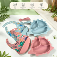 Ensemble de couverts en silicone pour enfants, kit d'alimentation pour tout-petits, assiette à sucer en forme de dinosaure, cuillère et fourchette lavables, bavoir imperméable