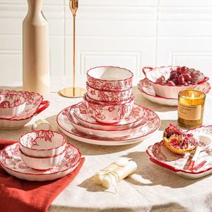 Chinese Style Ceramic Bowl And Plate Set Red Floral Pattern Wedding Gift Dinnerware Set - Product Image 1