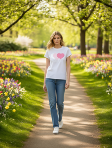 T-shirt décontracté élégant pour femme, imprimé cœur rose, col rond, manches courtes, 100% coton, printemps-été, tailles S-XXL - Product Image 2