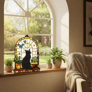 Panel de Vidrio Artístico con Diseño de Gato Negro en una Escena de Ventana con Árboles, Plantas y Mariposas, Decoración, Recuerdo, Regalo - Product Image 3