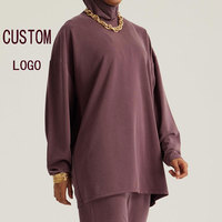 Ensemble Sportif Modeste Personnalisé OEM pour Femme Musulmane : Haut Long et Pantalon en Jersey Extensible Mauve à Épaules Tombantes et Col Rond
