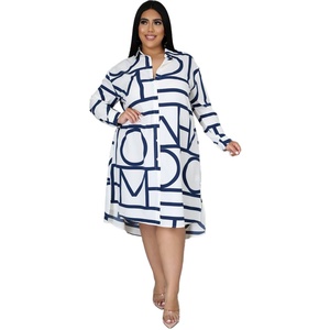 Robe longue décontractée pour femmes grandes tailles, imprimée, col rabattu, boutonnée, collection automne - Product Image 1