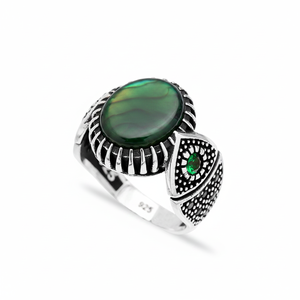 Round Cut Green Gemstone Round Black Zircon Stone Design Ottoman <b>Men's</b> <b>Ring</b> Turkish Handmade Wholesale Authentic Silver <b>Men</b> <b>Ring</b> - Product Image 2