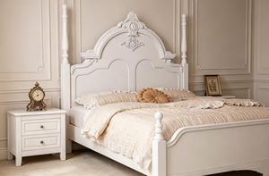 Premium Queen Size White Wood Spindle <b>Bed</b> With Ornate Carved Floral Headboard For French Country Bedroom - Product Image 3