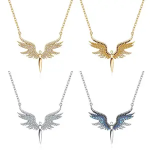 Classic Dainty 18k Gold Plated 925 Sterling Silver Zircon Angel Wings Charm Elegant Clavicle Chain Women Pendant Necklace