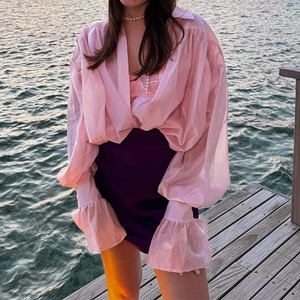 Blusa de moda para mujer con cuello solapa, manga larga abullonada y estilo holgado, color dulce y fresco - Product Image 6