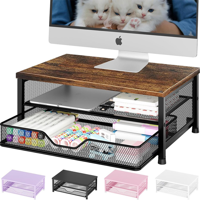 Computer Monitor Stand Riser, Desk Organizer with Drawer, Printer & Laptop Stand, Office Desk Accessories & Workspace