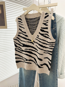 Chaleco de punto con estampado de cebra y cuello en V para mujer, suéter sin mangas informal, chaleco tejido para damas, ropa exterior para superponer, venta al por mayor - Product Image 1