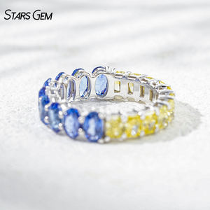 แหวนแต่งงานทองคำแท้ 10K ประดับเพชรแล็บโกรว์ทรงเรเดียนท์ 1.6 กะรัต และไพลินสีน้ำเงินรอยัล 2.7 กะรัต แบบครึ่งซีก จาก StarsGem Luxury - Product Image 2