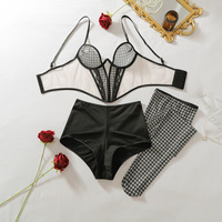 Nouveau kit soutien-gorge corset en maille à carreaux, culotte taille haute assortie et bas cuissardes pied-de-poule