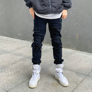 Jeans Neri da Uomo all'Ingrosso, Vestibilità Regolare, Stile Hip Hop Streetwear Vintage, Casual, Strappati, Effetto Stacked, Lavati, Elasticizzati e Traspiranti - Product Image 5