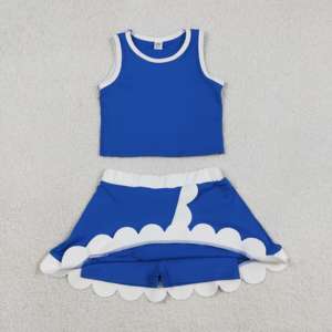 ชุดเด็กผู้หญิง GSD4023 rts Little Active Girl สีน้ำเงินลายตารางขาว แต่งขอบหยัก ชุดขายส่ง เสื้อแขนกุด กระโปรง ชุดโยคะ - Product Image 2