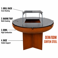 Brasero en acier Corten pour brûler du bois avec grille de cuisson et table à foyer pour utilisation en extérieur, sur patio, dans un jardin ou dans une cour.