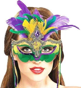 Masquerade Carnival Venetian bóng prom sequin mặt nạ với lông cho Mardi Gras Phụ Nữ Carnival diễu hành sexy cosplay trang phục