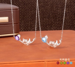 9 Colliers pour filles en argent sterling 925 plaqué rhodium, avec pierres naturelles taillées en poire de 5*7mm, finition mate brossée, motif chat mignon - Product Image 2