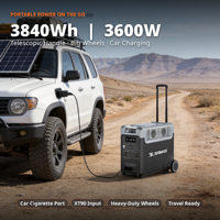 Station d'alimentation portable sur roulettes 3840Wh 3600W, générateur solaire LiFePO4, 15 ports de sortie, roues, lumière LED pour camping-car, voyage, camping, maison