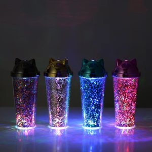 Zhen Ai Cat Ear Sequined Water Cup Led Flashing Plastic Drinkware For Party Couple Gift - Product Image 1