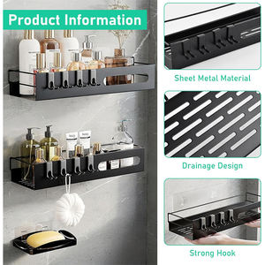 Lot de 2 étagères de <span class=keywords><strong>douche</strong></span> adhésives noires <span class=keywords><strong>à</strong></span> 8 crochets, organisateur de salle de bain sans perçage, en acier, pour salle de bain et cuisine - Product Image 5